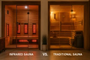 Infrared sauna vs traditional sauna comparison at The Salt Caves at Lakewood Ranch showing radiant infrared heat panels and a classic hot stone sauna.